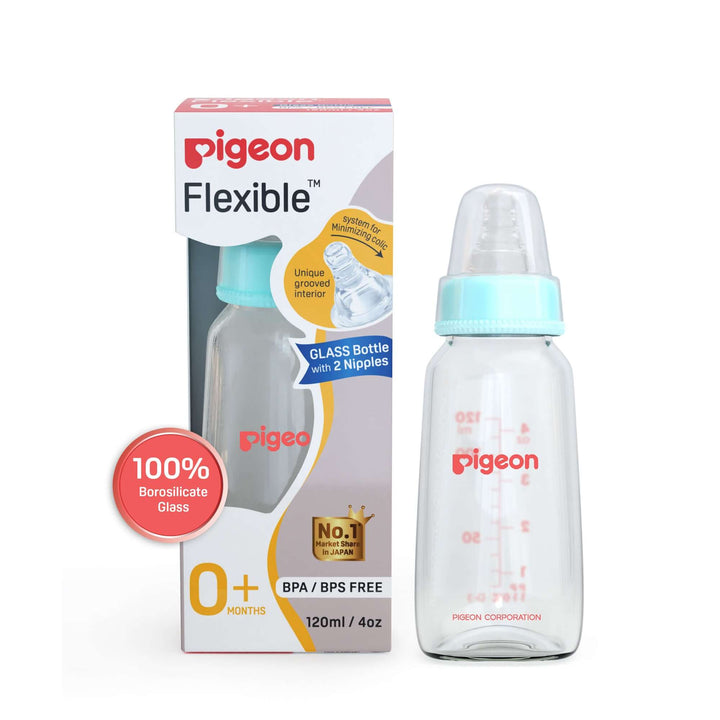 Glass Feeding Bottle Pigeon 120ml with Add Nipple S