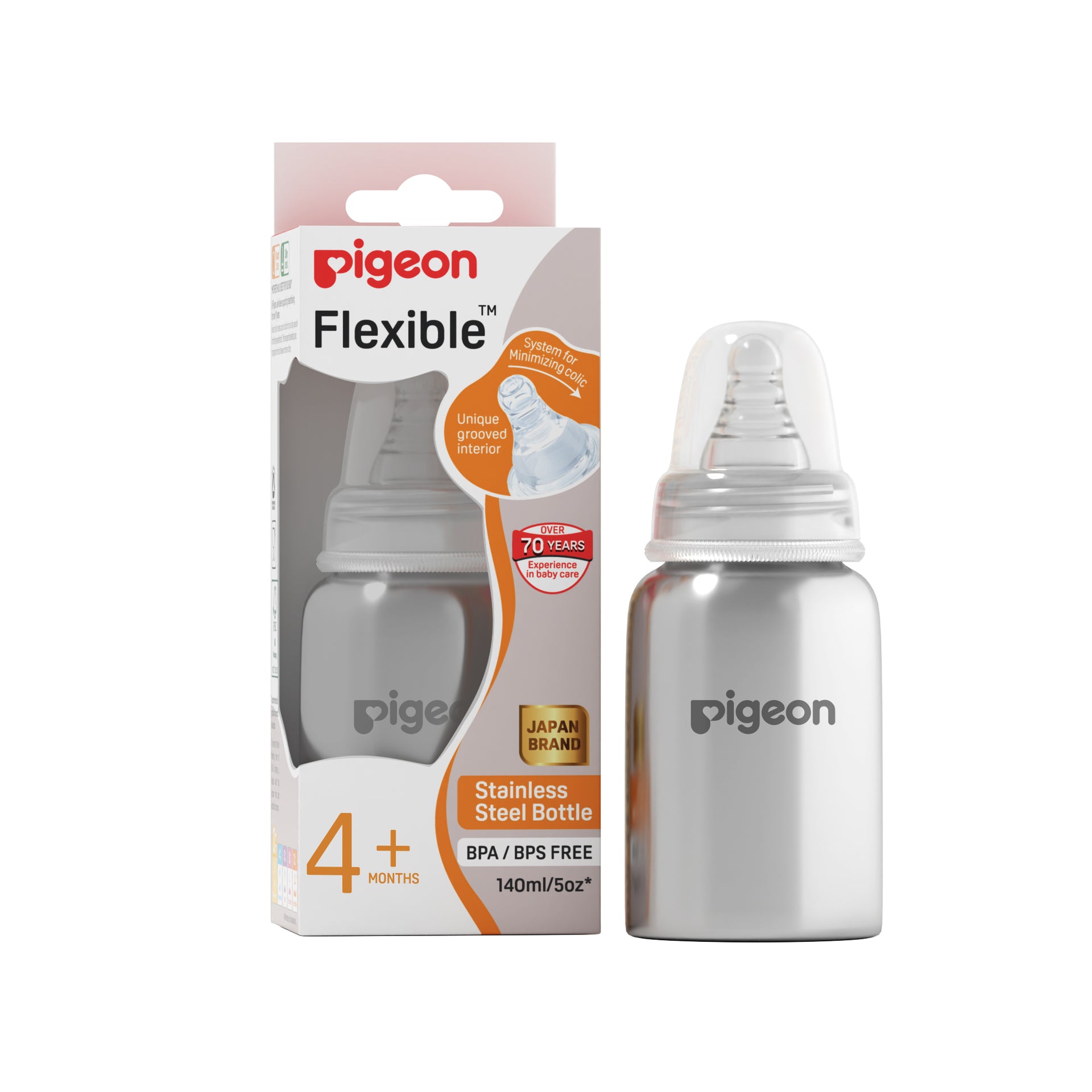 Pigeon Slim Neck steel bottle 140ml M size with plastic hood & cap (natural)