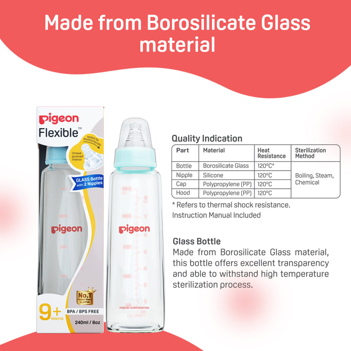 Glass Feeding Bottle 240ml with Add Nipple L
