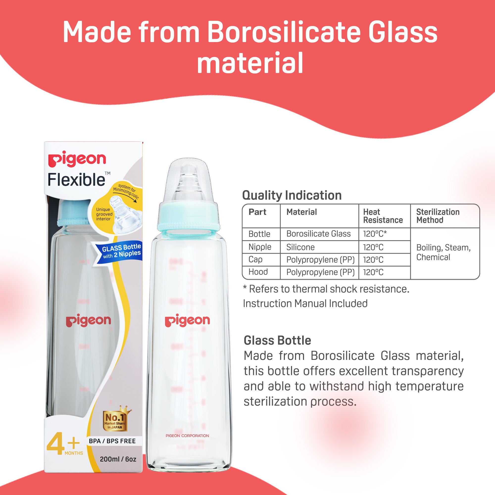 Glass Feeding Bottle 200ml with Add Nipple M