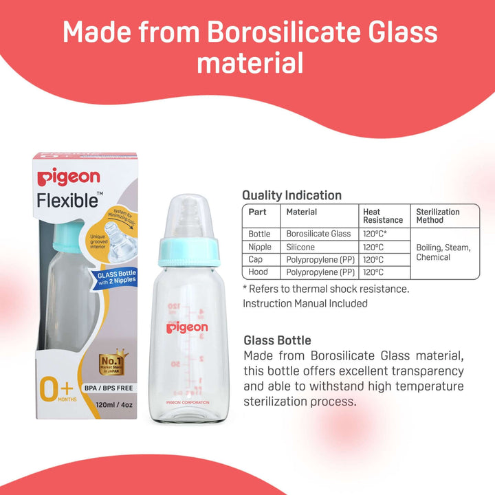 Pigeon Glass Feeding Bottle 120ml with Add Nipple S