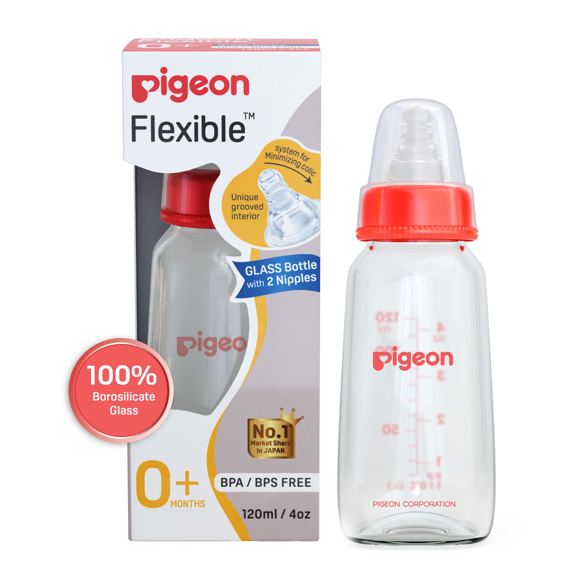 Glass Feeding Bottle 120ml with Add Nipple S