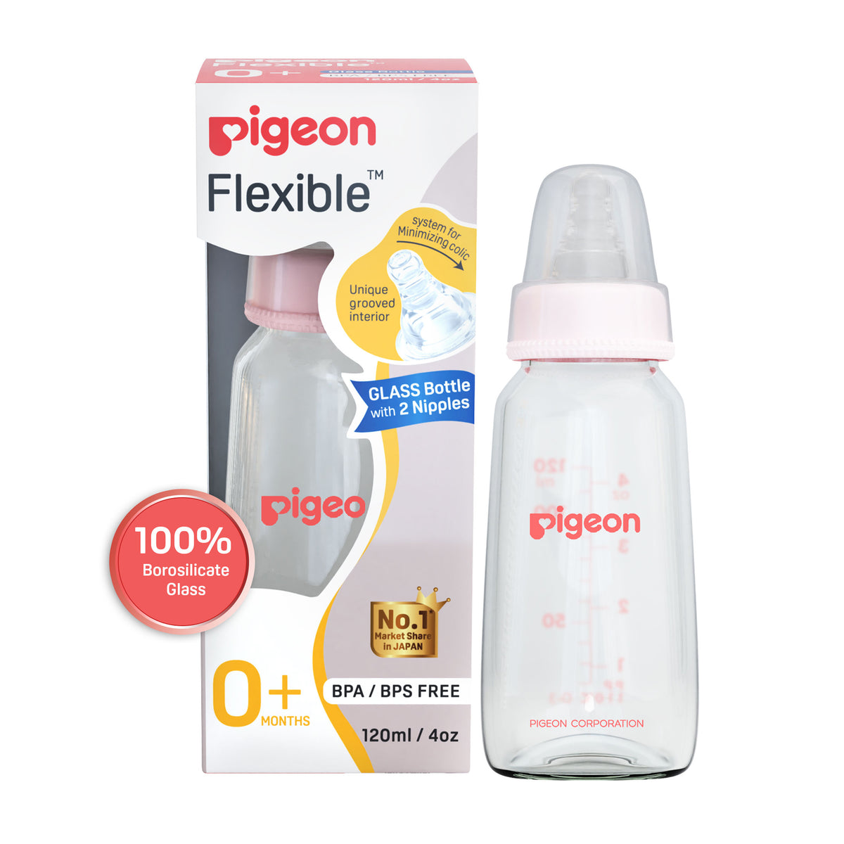 Glass Feeding Bottle 120ml with Add Nipple S