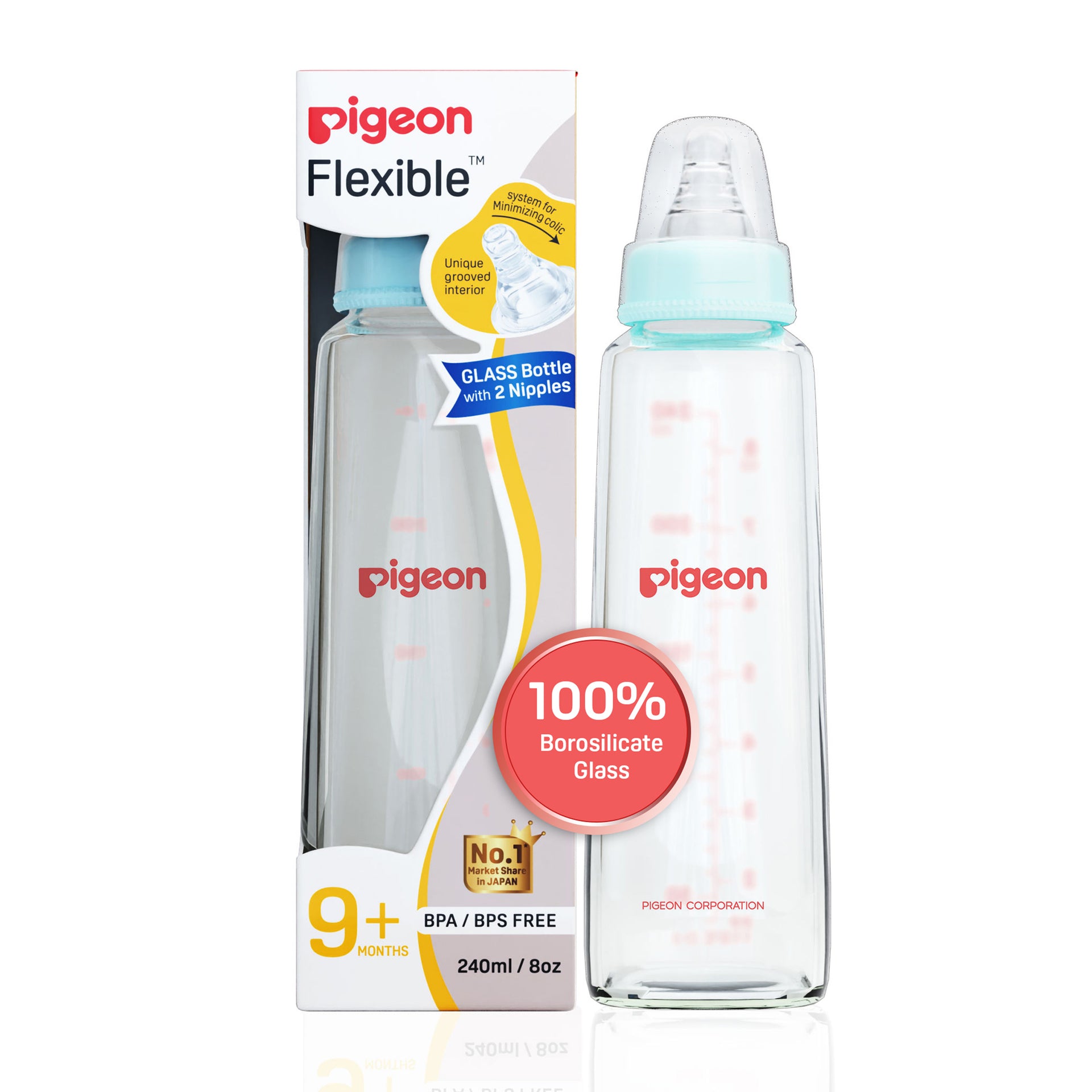 Glass Feeding Bottle 240ml with Add Nipple L
