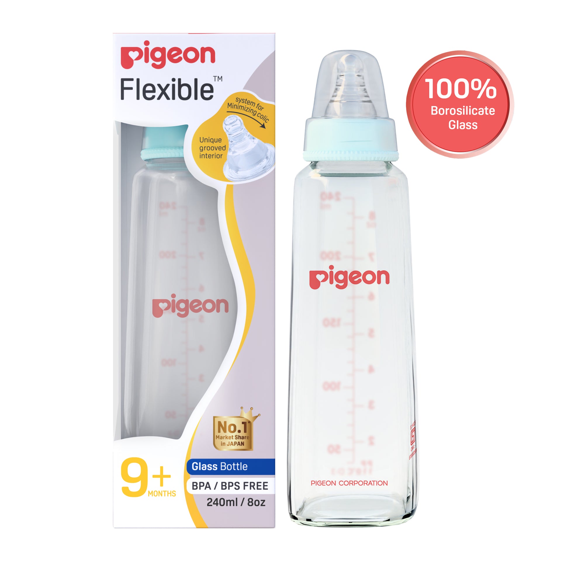 Glass Feeding Bottle 240ml with Add Nipple L