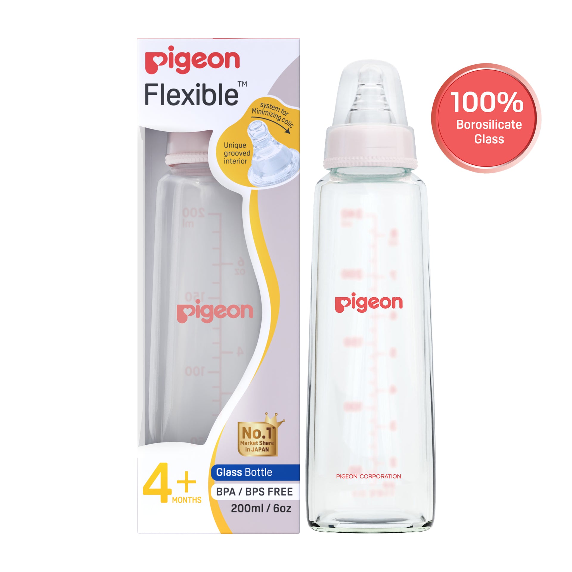 Glass Feeding Bottle 200ml with Add Nipple M