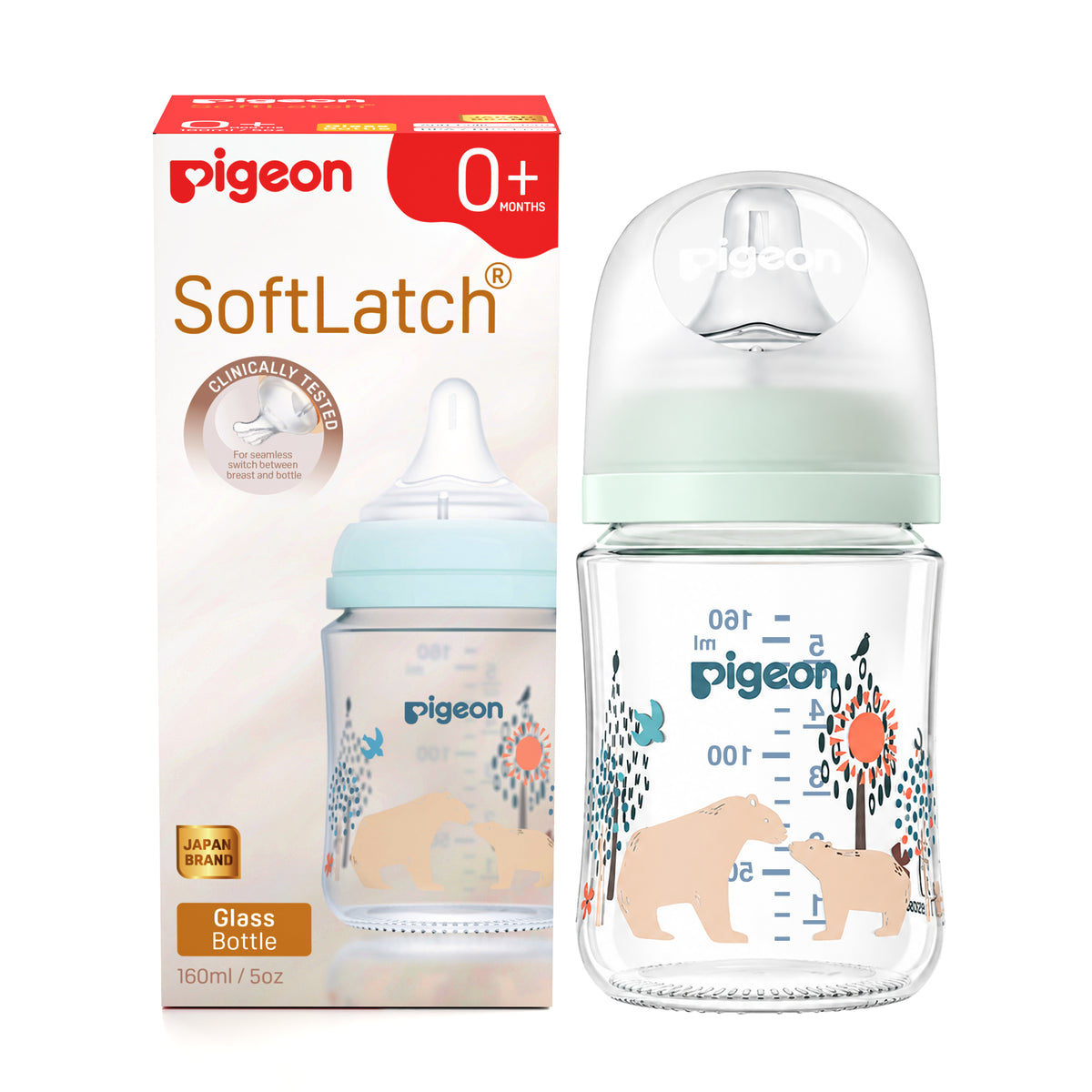 PIGEON SOFTLATCH GLASS FEEDING BOTTLE (BEAR FAMILY)