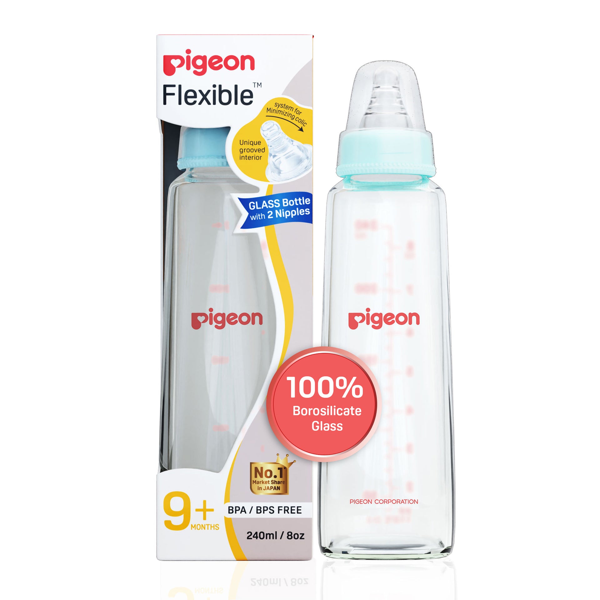 Glass Feeding Bottle 240ml with Add Nipple L