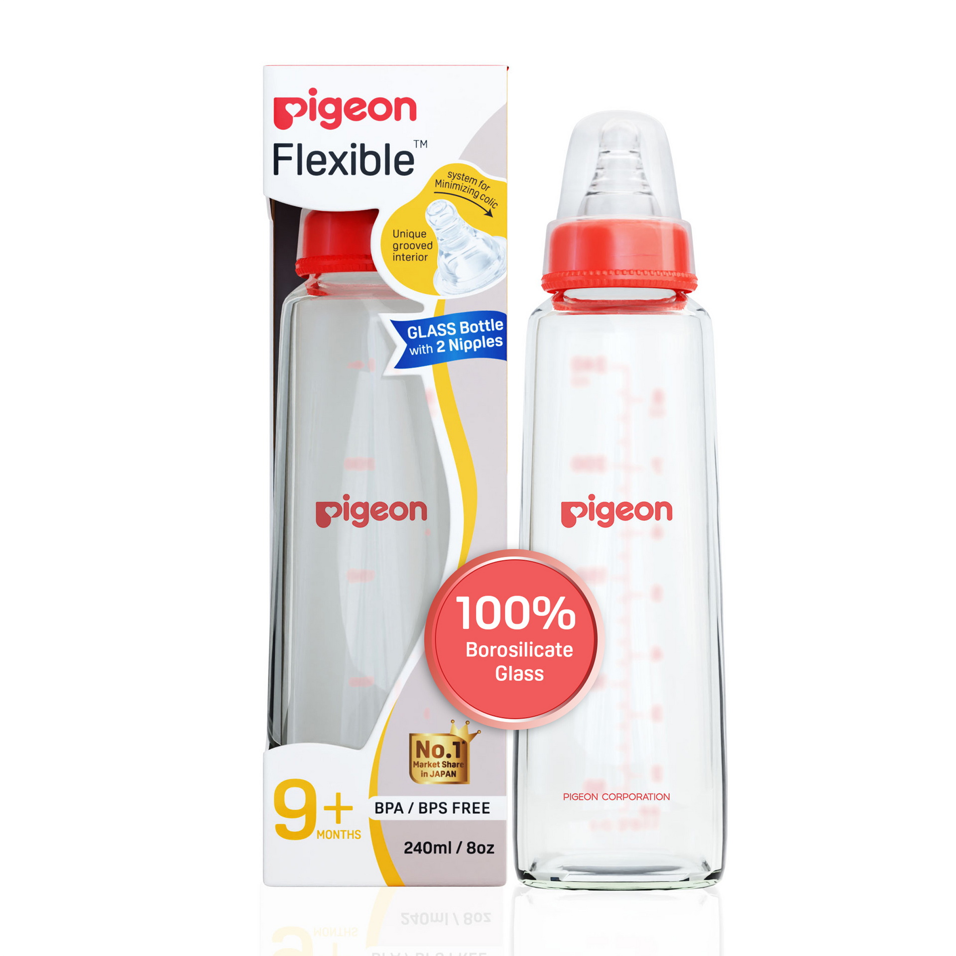 Glass Feeding Bottle 240ml with Add Nipple L