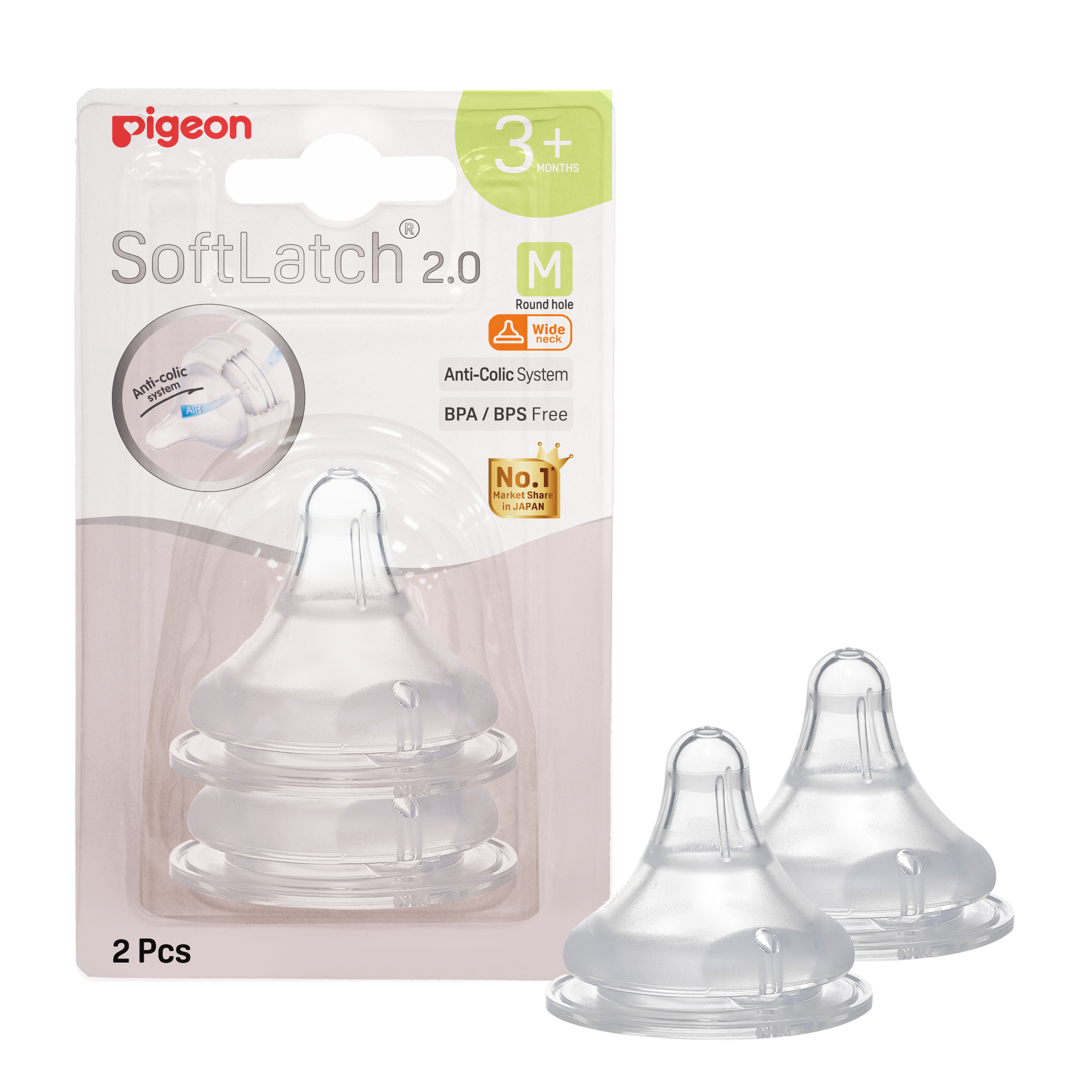 Pigeon Wide Neck Softlatch 2.0 Nipple M size 2pcs (blister)