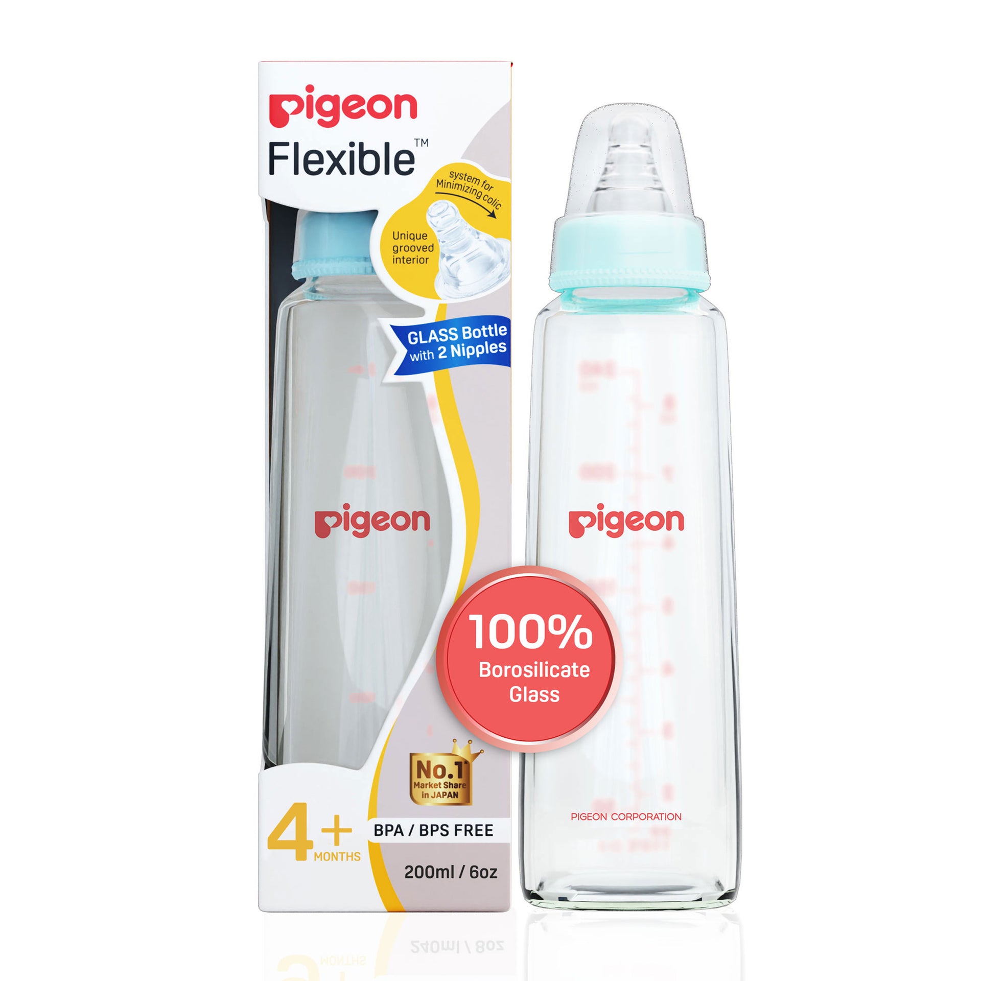 Glass Feeding Bottle 200ml with Add Nipple M